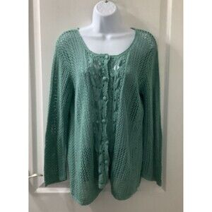 Emma James Cardigan 1X ** Sweater Crochet Linen Cotton Seafoam Green Cottage